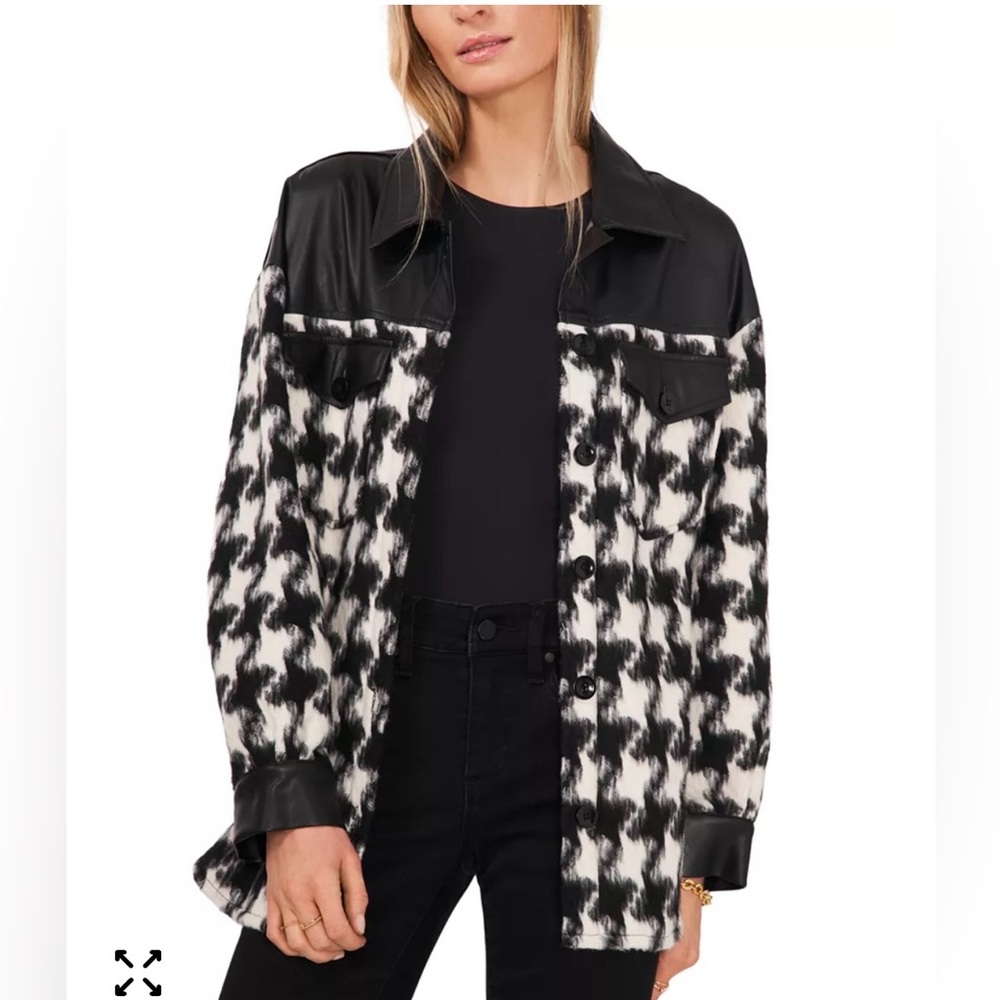Vince Camuto Black/White Houndstooth Faux Leather Trim Button Down Shacket XL